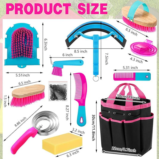 Abbylike 12 Pieces Horse Grooming Kit with Organizer Tote Bag Tack Room Supplies Horse Brush Sets Equine Care Cleaning Kit Shedding Grooming Massaging Tools(Rose Red)