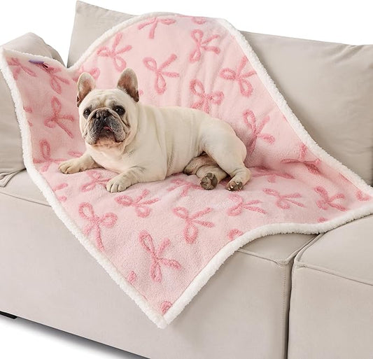LE SURE Waterproof Puppy Blanket for Medium Dogs - Washable Double Sided Dog Blankets with Warm Jacquard Shag and Soft Sherpa Fleece, Pet Cat Blanket for Couch Protection, Bow Design,Pink Taffy