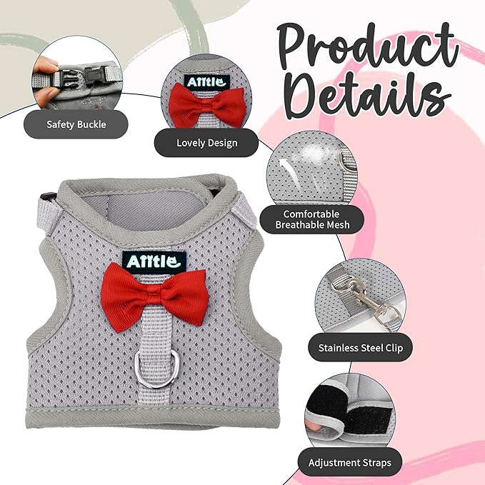 AIITLE Rabbit Harness and Leash Set with Cute Bow, Soft Breathable Mesh Vest Harness for Rabbits Kitten Ferret Puppy Small Pets Walking Supplies Grey L