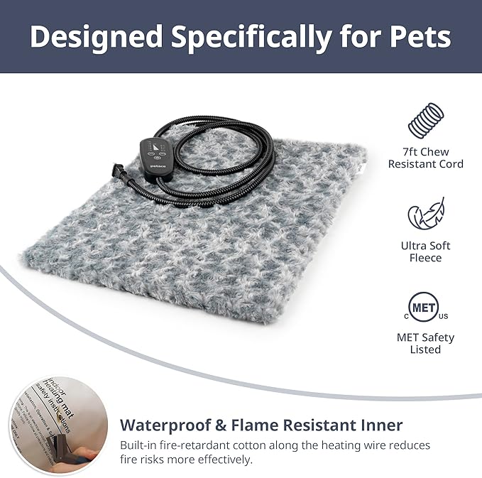 Adjustable Temperature Heated Cat Bed & Dog Heating Pad with Timer, Chew-Resistant Cord, Thick and Soft Cover, Indoor Pet Heating Pad, 35.4" x 23.6"