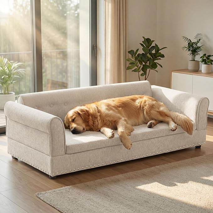 Elevated Dog Sofa for Medium to Large Dogs, Button Tufted Dog Couch Bed with Backrest and Armrests, Durable Memory Foam Pet Bed, Removable Cushion for Medium and Large Dogs, Beige