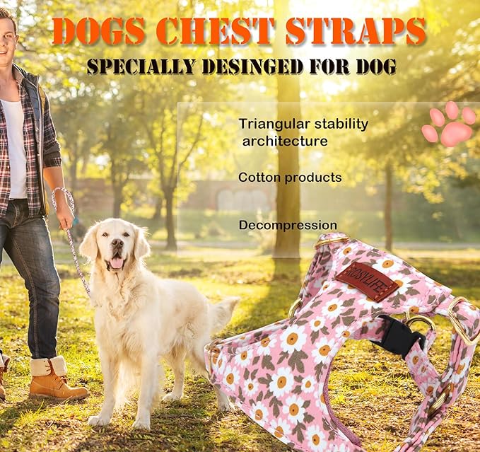 No Pull Dog Harness Adjustable Small Dog Harness and Leash Set, Lightweight and Soft Dog Harness No Choke Escape Proof Pet Harness Vest (Pink Daisy, X-Small)