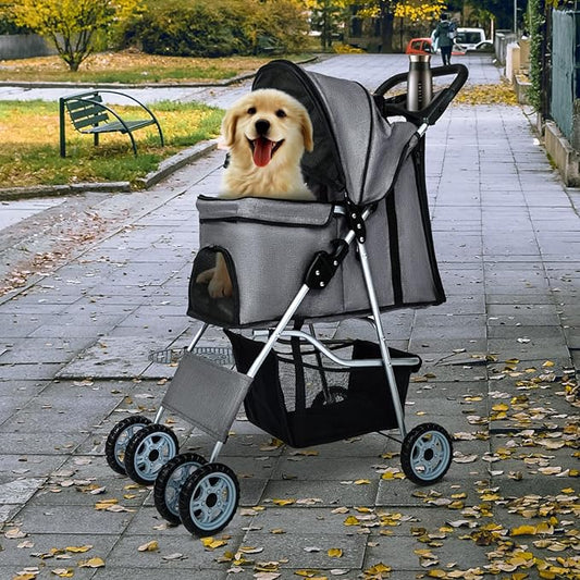 BestPet 4Wheels Pet Dog Stroller for Folding Lightweight Cat Travel Stroller with Cup Holder,Grey