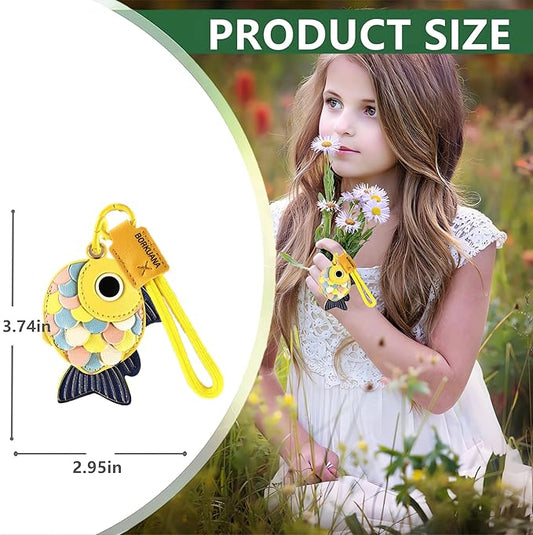 Leather Keychain Holder Case Compatible with AirTag,Cute Protective Cover with Keyring and Lanyard,Anti-Scratch Finder GPS Tracker Case for Wallet Keys,Bag,Pets,Backpack(Yellow Fish)