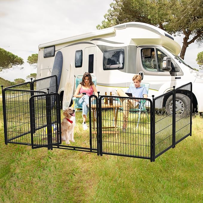 Getlay Dog Playpen 36inch 4 Panels, Puppy Playpen Indoors, Dog Fences Outdoor for Yard, Wide Door Low Threshold Garden Fencing for Medium/Large Pets. Black Pens Total 8.9 Ft(L)