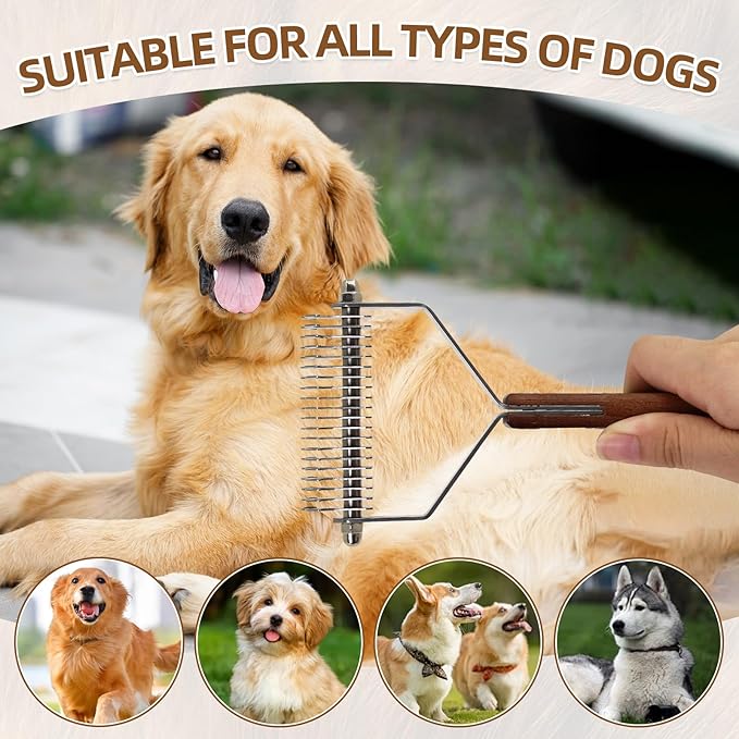 Large 2-Sided Undercoat Rake for Dogs and Cats,Professional Pet Grooming Shedding Tool Combs for Animals,Stainless Steel with Wooden Handle for Thick Coats (20-Blades)