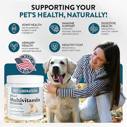 24-in-1 Daily Multivitamin for Dogs – 120 Soft Chews – Hip & Joint Support, Probiotics, Salmon Oil, Cranberry for Urinary Health, Skin & Coat, Immune Support – for All Breeds & Ages