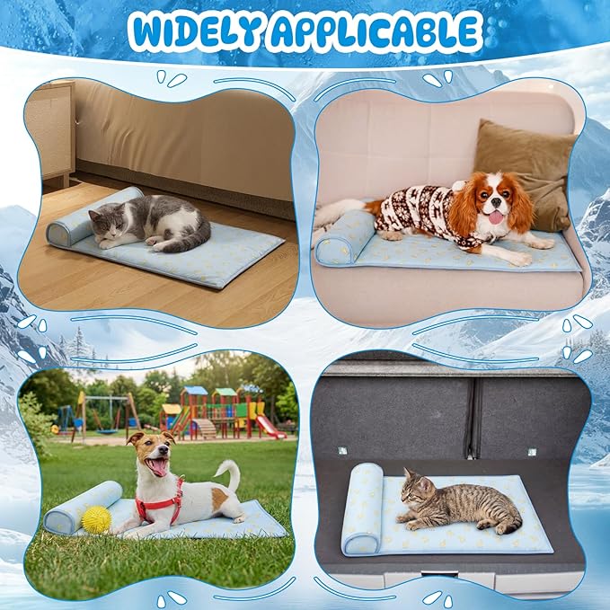 DoubleFill 4 Pack Cooling Dog Mats with Supportive Pillow 23.6" x 31.5" Self Cooling Dog Pads Ice Silk Washable Pet Cool Mat Summer Cat Sleeping Pad with Storage Bag for Crate Bed Floor (Large, Blue)