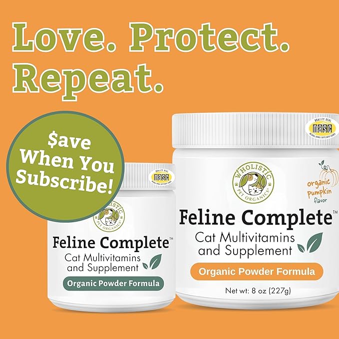 Wholistic Pet Organics Feline Complete Organic Pumpkin - 4 Oz - Multivitamin & Probiotic Powder for Cats - Natural Cat Food & Digestive Support - 37 Scoops