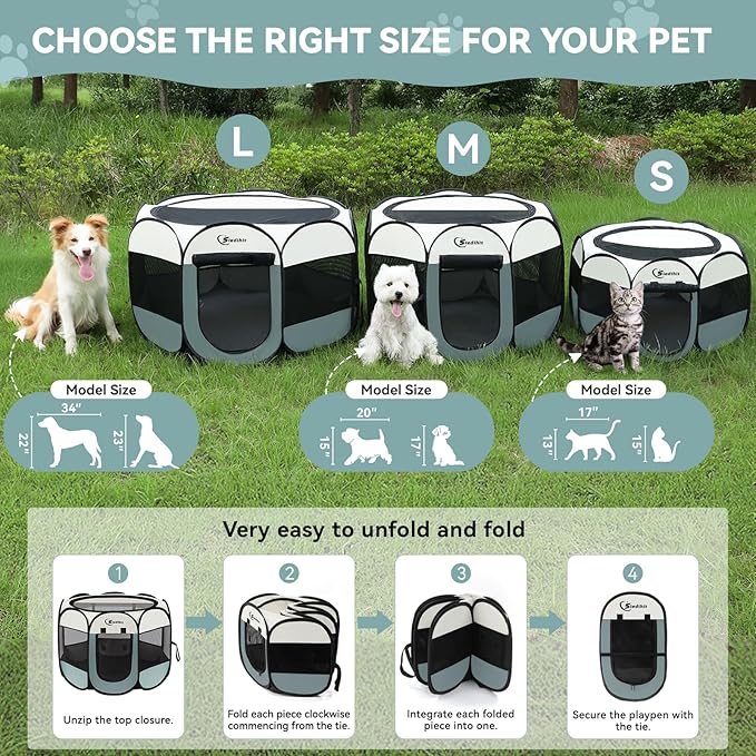 Siedihit Dog Playpen with 2 Washable Pee Pad, Puppy Pet Cat Playpen Small AnimalsTent Crate Indoor/Outdoor, Portable Pop Up Kennel with Carrying Case(Grey with 2 Pads, Small)