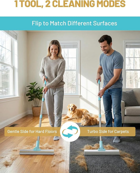 Carpet Rake for Pet Hair Removal: DELOMO Carpet Scraper Broom with 54” Adjustable Long Handle, Dual-Sided, Metal + Short Silicone for Carpets & Rugs, Extended Silicone for Shag Rugs & Hard Floors