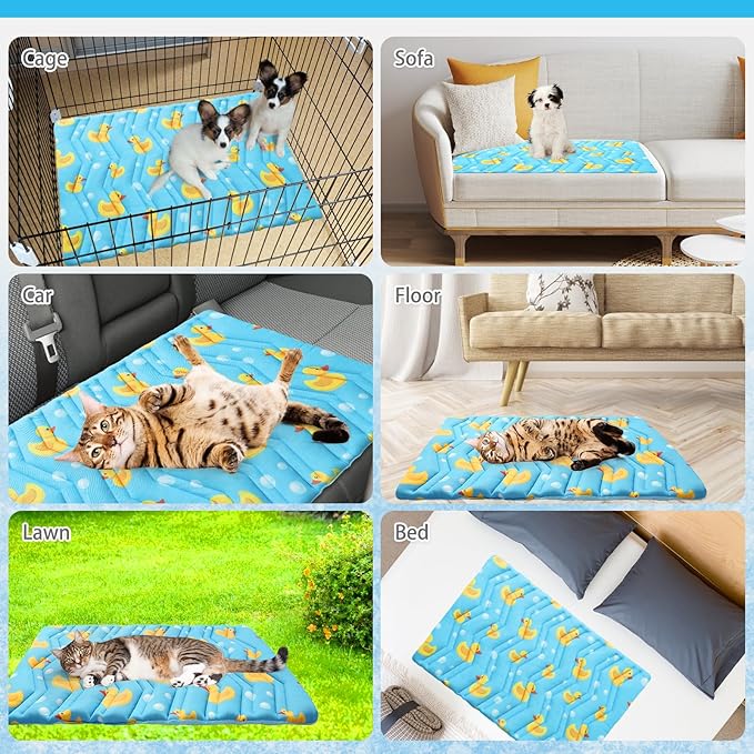KOOLTAIL Dog Cooling Mat, Upgraded Two Sided Cooling Pad for Dogs Cats Puppy, Soft Pet Sleeping Blanket Keep Cool in Summer with Cute Duck Pattern, Washable Waterproof for Crate Sofa Bed, Blue M