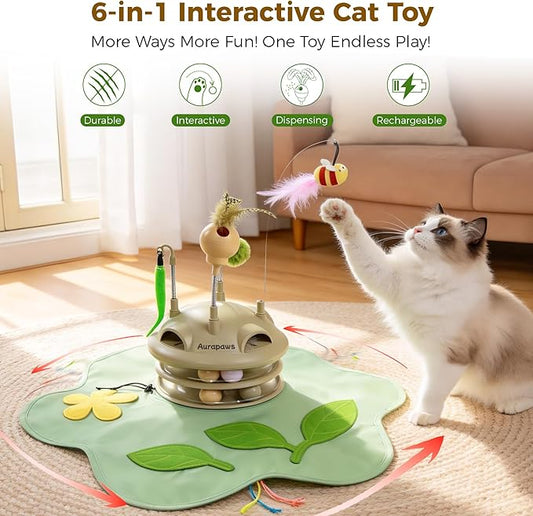 Interactive Cat Toy for Indoor Cats, 6-in-1 Hide and Seek Automatic Cat Toys With Moving Feather, Spring Teaser and Treat Dispensing, Dual Track Balls with Chirping for All Breeds, Rechargeable