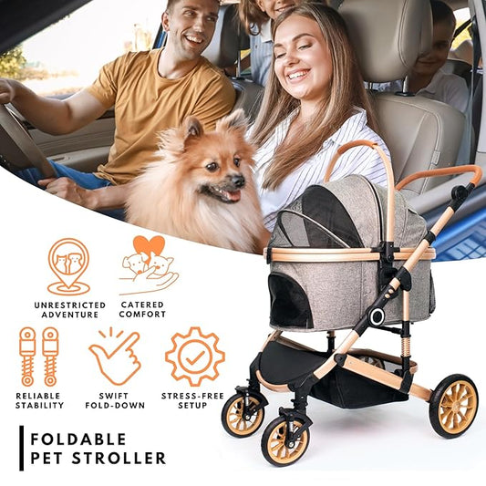 Bicystar Pet Stroller for Medium Dogs, Smooth-Ride Dog Stroller with Detachable Carrier, Rubber Wheels, Car Seat Combo 3-in-1, Up to 50 lbs, for Senior Dogs & Cats, Grey