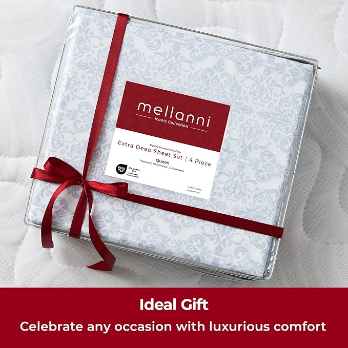 Mellanni Extra Deep Queen Sheets - 4 PC Iconic Collection Bedding - Hotel Luxury, Ultra Soft, Cooling Bed Sheets - Wrinkle, Fade, Stain Resistant (Queen, Laced Sky Blue)