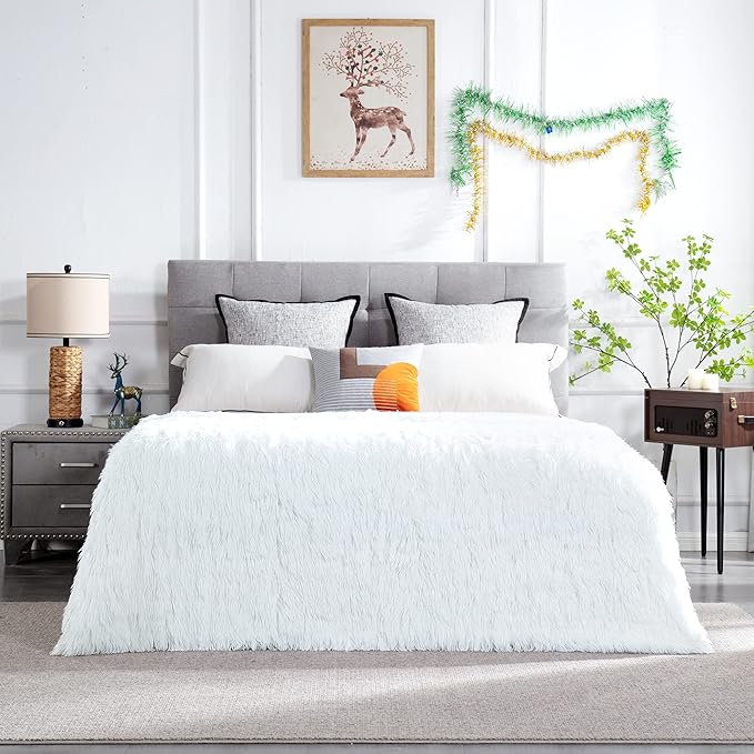 JONIYEAR Extra Large Decorative Fluffy Faux Fur Blanket Full Size 71" x 80", Soft Luxury Lightweight Furry Blankets, Accent Cozy Shaggy Plush Fuzzy Blankets for Bed, Thick Warm Winter Blanket, White