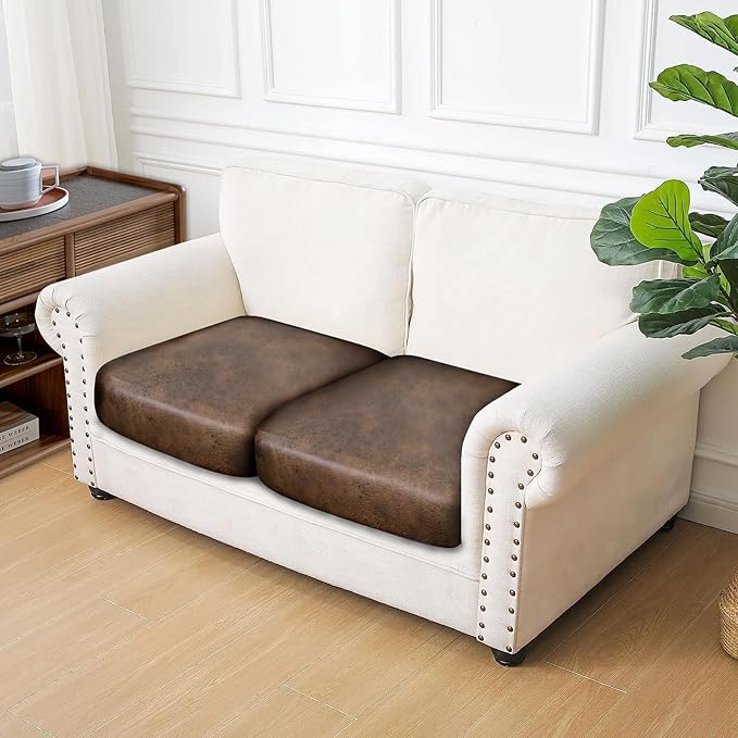 ANARACHON Leather Look Couch Cushion Covers Sofa Seat Slipcovers Sets Couches Furniture Protector for Sectional Armchair Loveseat Pets Kids Stretch Spandex Fabric (2 Cushion Loveseat, Dark Brown)