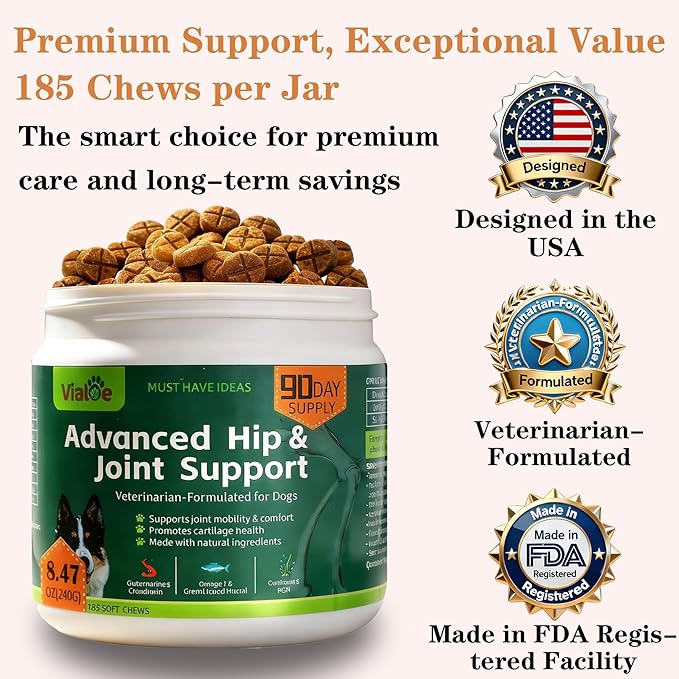 Advanced Dog Hip & Joint Chews - Concentrated with Glucosamine, Chondroitin, High-Potency MSM & 7X Omega-3-185 Chicken Chews for All Breeds - Supports Joint Pain Relief & Senior Dog Mobility