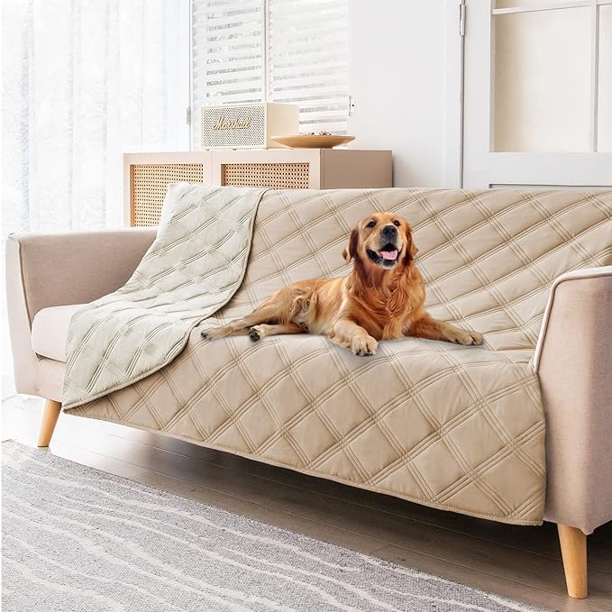 fuguitex Waterproof Dog Blanket, Pet Friendly Reversible Throw Essential for Small Dogs, Tear Resistant Leakproof Washable Couch Cushion Bed Protector Cover for Indoor Furniture(30"*70",Beige+Cream