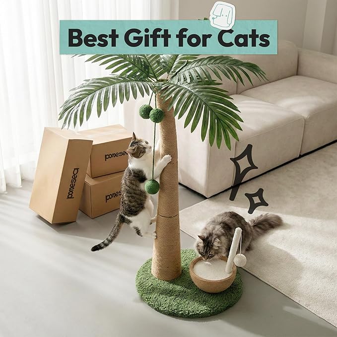 33" Tall Cat Scratching Post, Natural Jute Cat Scratcher for Indoor Cats,Coconut Tree & Straw Design with Hanging Toy Ball & Rest Platform,Stable Furniture Protector for Kittens & Adult Cats,M