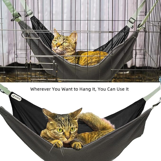 2 Pieces Cat Hammock Hunging for Cage,Reversible Washable Soft Outdoor Cat Mat,Waterproof Cooling Kittens Pad with Adjustable Webbing for Cats (Large, BlackBlue)
