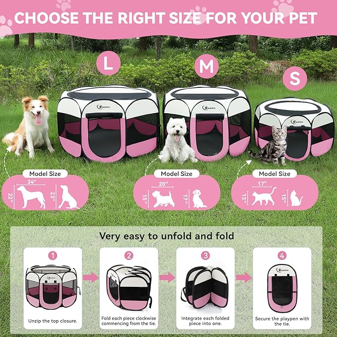 Siedihit Pink Puppy Playpen for Large Dog Cat, Dog Tent Crates Cage Indoor/Outdoor, Portable Pop Up Dog Kennel with Carrying Bag for Rabbits, (Pink, Large)
