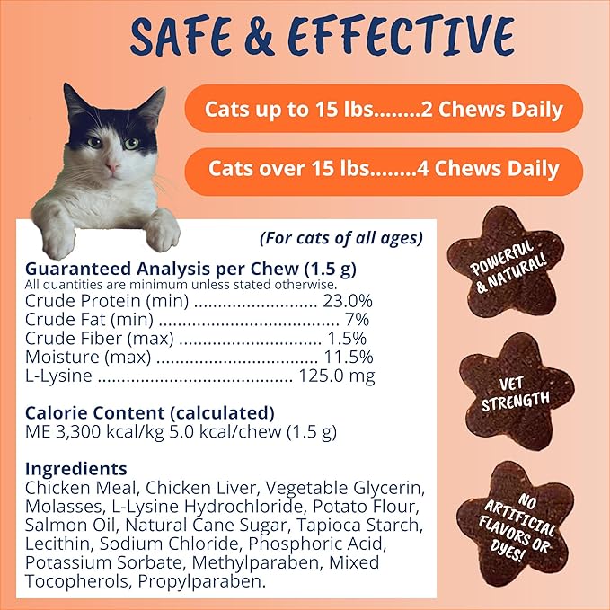 Under The Weather Pet Daily Cat L-Lysine | Boost Immune System Reduce Respiratory Symptoms | Maintain Normal Immune System Response | 60 Star Shaped Soft Chews
