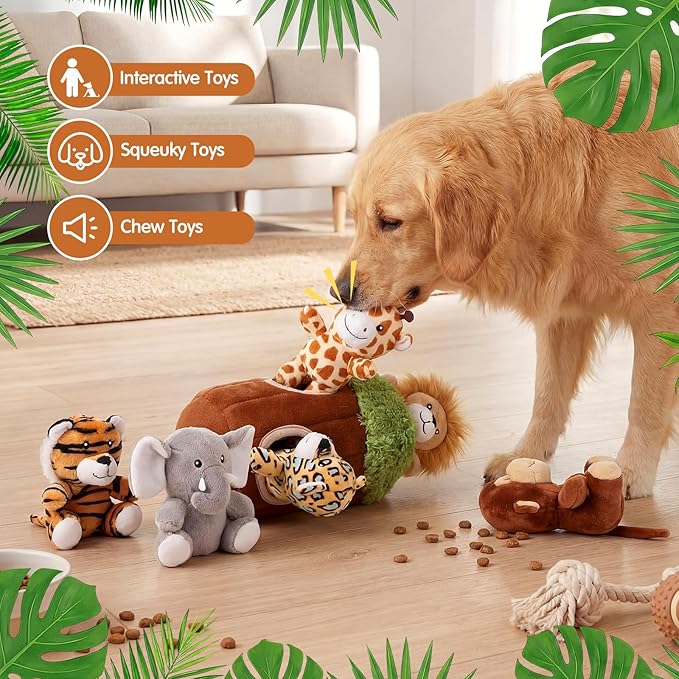 Skylety 7 Pieces Hide and Seek Dog Toys Activity Puppy Chew Squeaky Toys Plush Stuffing Burrow Woodland Stuffing with Squeakers for Small Medium Pets Dogs Puppy Gift(Lovely,Small)