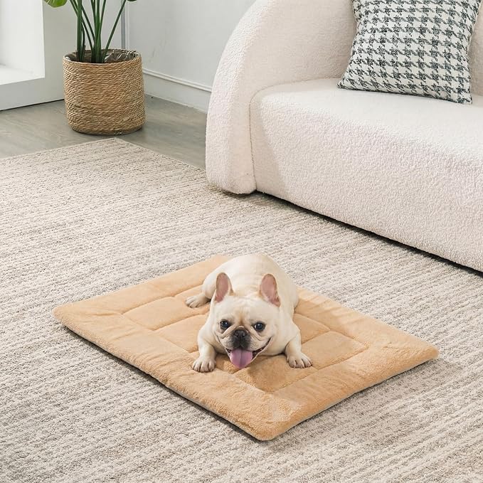 Dunzy 2 Pack Dog Bed Mat 24x18 Memory Foam Pet Crate Pad Orthopedic Dog Bed for Small Medium Breed Soft Comfy Faux Fur Linen Reversible Machine Washable Kennel Cozy Sleeping Mat Light Gray Camel