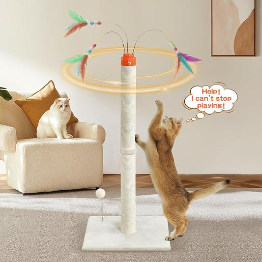 YARUOMY Cat Scratching Post ,41.3" Sisal Rope Cat Scratcher Tall Scratching Post for Indoor Cats Adult with Interactive Cat Toys Automatic Teaser Wand and Rotating Hanging Balls