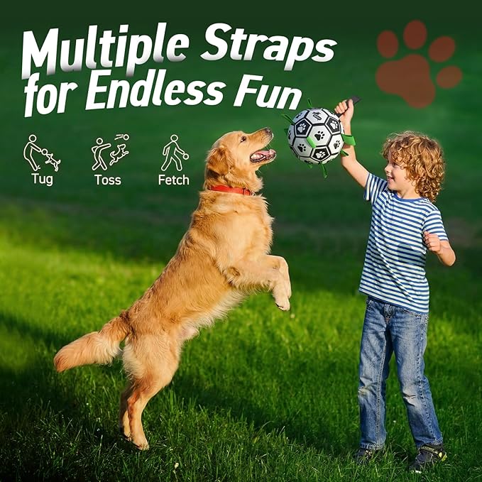 QDAN Dog Toys Extra Large Soccer Ball with Straps, Tug Toy, Water Toy, Durable Dogs Balls World Cup for Large(9 Inch)