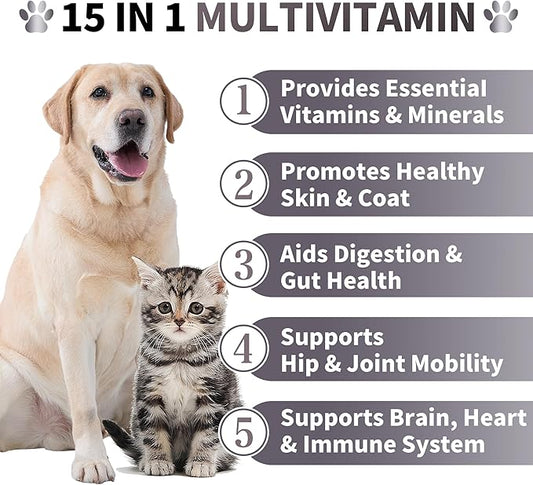 Best Buddy Multivitamin 15-in-1 Treats for Dogs I Cats, Complete Health Supplement Joint Support + Digestive Enzymes, Grain Free Dog Vitamins and Supplements for Skin & Coat (Bacon/Pork, 225g)