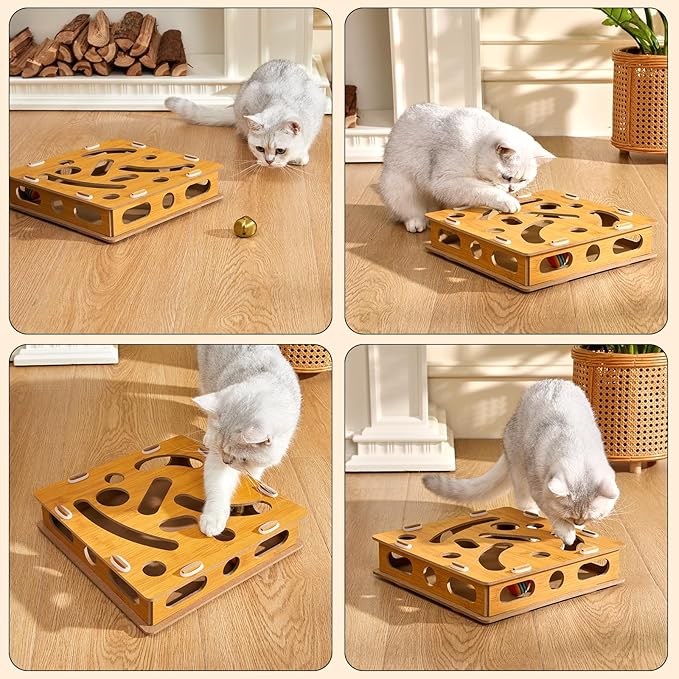 Interactive Cat Puzzle Toy with Bell & Rainbow Balls, Mental Stimulation Play Box for Indoor Cats & Kittens, Fun Maze Game for Boredom Relief & Exercise