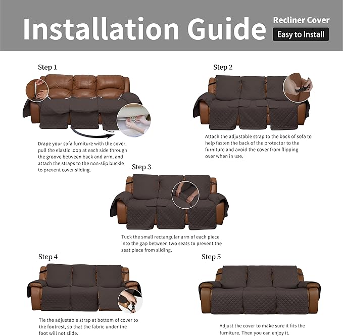 Easy-Going Oversized Recliner Reversible Couch Cover for 3 Seat Recliner, Split Sofa Cover for Each Seat with Elastic Straps for Kids, Dogs, Pets (3 Seater, Chocolate/Chocolate)