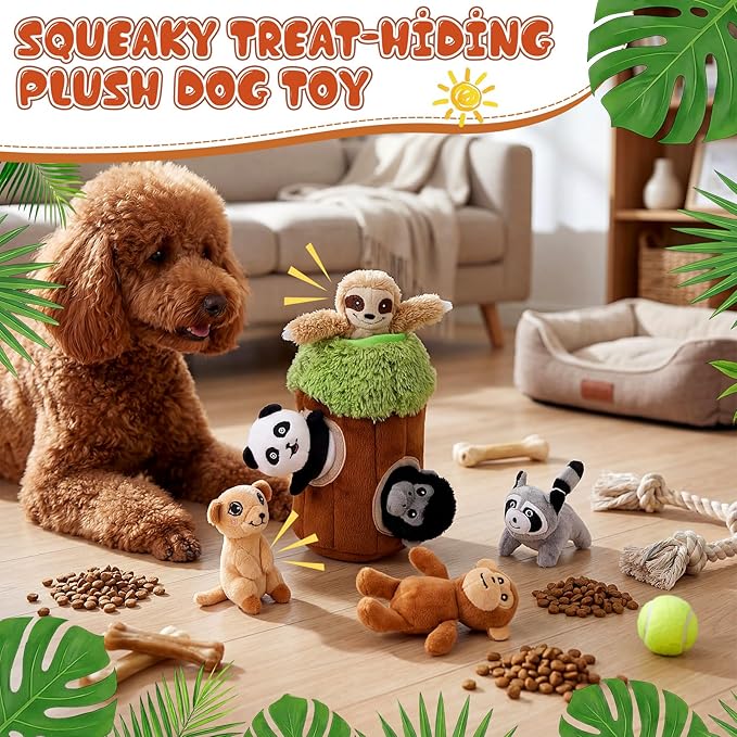 Skylety 7 Pieces Hide and Seek Dog Toys Activity Puppy Chew Squeaky Toys Plush Stuffing Burrow Woodland Stuffing with Squeakers for Small Medium Pets Dogs Puppy Gift(Funny,Small)