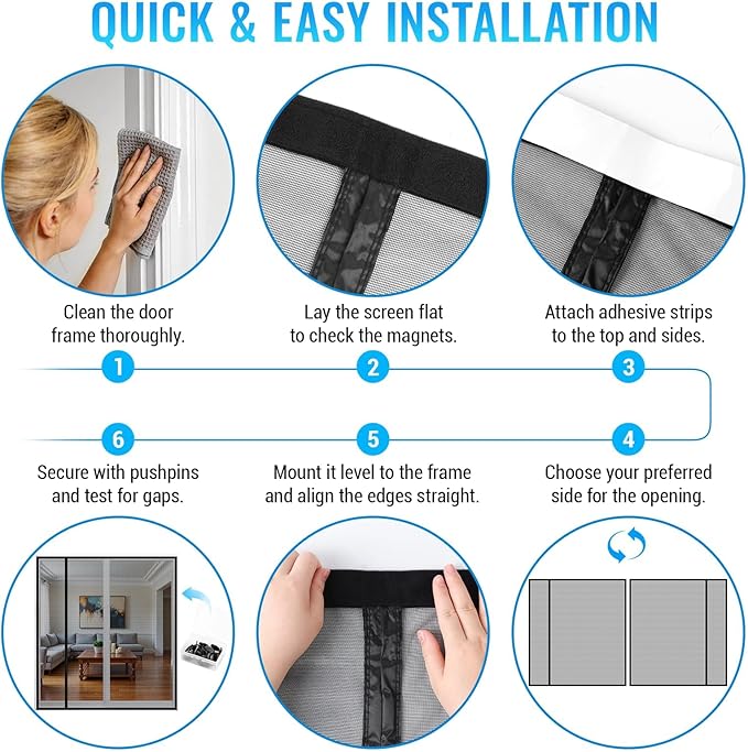 Magnetic Closure Screen Door, Reversible Mesh Door Screen Fits 72" x 80" Door, Heavy-Duty Magnetic Mesh Curtain for Sliding Door and French Door, Self-Sealing, Portable Patio Screen (74" x 81")