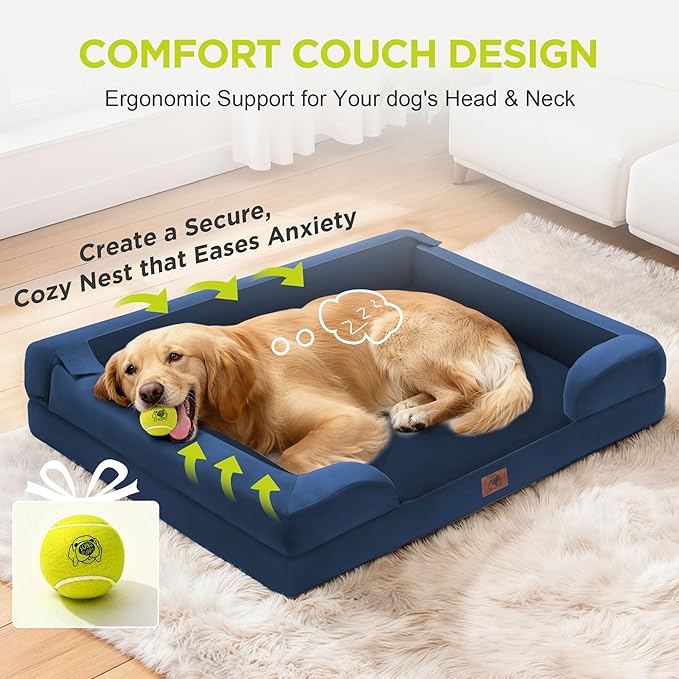 Extra Large Dog Bed, Orthopedic XL Washable Bed for Big Dog Waterproof Pet Couch Sofa Bolster with Removable Cover, Non-Slip Bottom, Tennis Ball Toy, 42 x 30