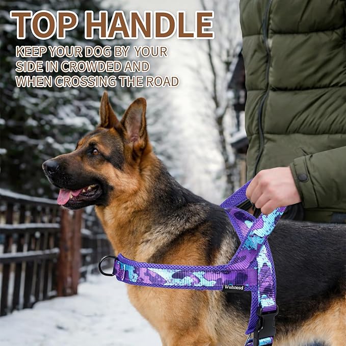 No Pull Dog Harness and Leash Set-Vest Harness with Handle&5FT Dog Leash with Car Seatbelt Clip,Breathable Mesh&Quick Fit Dog Harness Easy for Medium Large Dogs Training Walking(Camo Purple,M)
