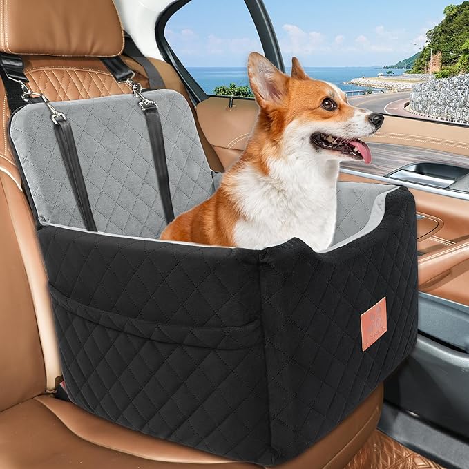 GL GLENSLAVE Dog Car Seat for Small/Medium Dogs Under 35lbs,Memory Foam Dog Booster Seats,Detachable and Washable Traval Pet Car Seat, Dogs Bed with 2 Safety Belts(Balck/Grey)
