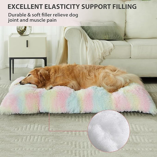 BFPETHOME Dog Beds for Large Dogs, Plush Dog Crate Bed Fluffy Cozy Kennel Pad for Sleeping &Ease Anxiety, Washable Pet Mats with Anti-Slip Bottom for Large Dogs, Rainbow