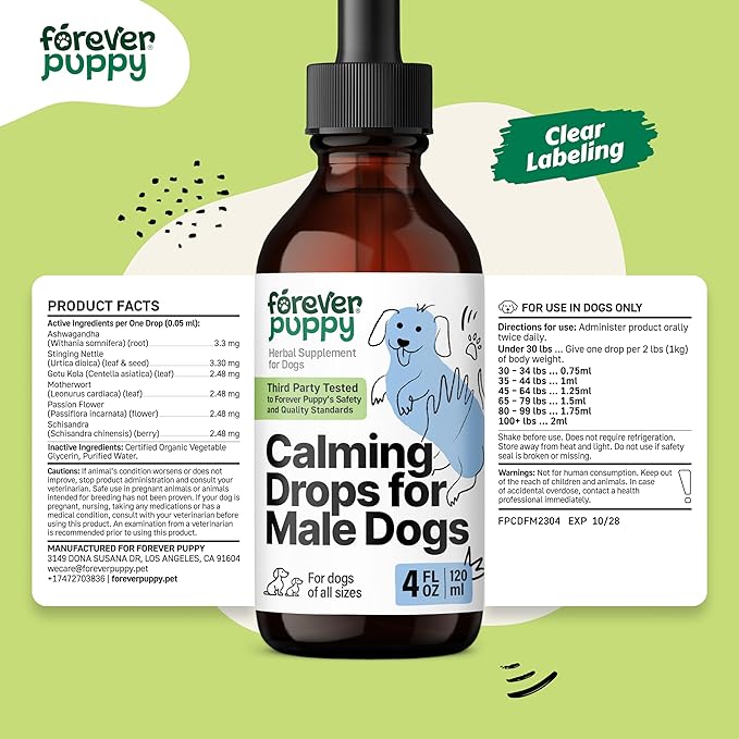 Forever Puppy Calming Drops for Male Dogs - Liquid Ashwagandha Root & Passion Flower Extract for Composure - Relaxation & Mood Support Supplement for Dogs of All Breeds & Sizes - 4 oz