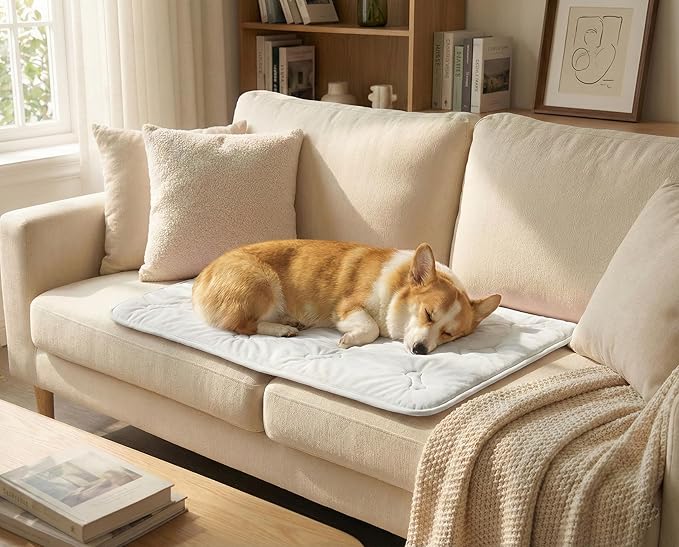 Self Cooling Mat for Dogs & Cats, 31x28.5 Soft Breathable Cold Crate Pad for Pet, Portable Washable Kennel Bed for Outdoor Summer with Non-Slip Bottom and Chill Cool Fiber, Light Gray