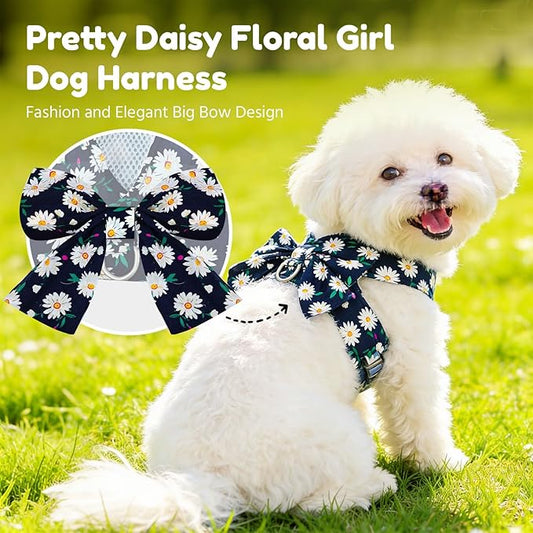 BAEJMJK Dog Harness and Leash Set with Bow Knot No Pull Pet Daisy Floral Harness with D-Ring Soft Mesh Dog Harness Vest Set Escape Proof Princess Puppy Harness for Small Girl Dogs Cats(Navy Blue M)
