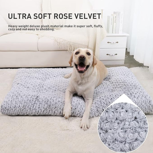 KSIIA Washable Dog Bed Deluxe Plush Dog Crate Pad Comfy Pet Bed Non-Slip Kennel Pad for Large Dogs, 36" x 27", Grey