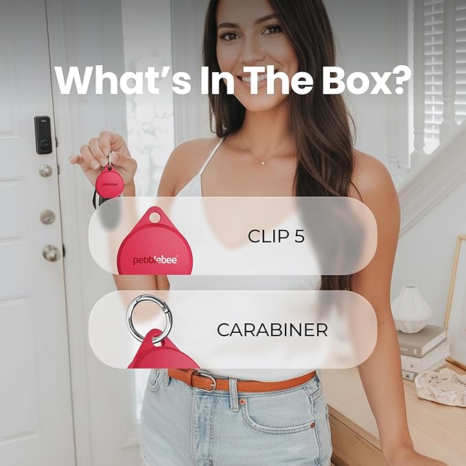 Pebblebee Clip 5 | Rechargeable Bluetooth Tracker Tag for Keys | Alternative to Air Tag & Android Trackers | 130 dB Siren, Bright LED Strobe, 12-Month Battery, Alert Safety Mode | Hot Coral