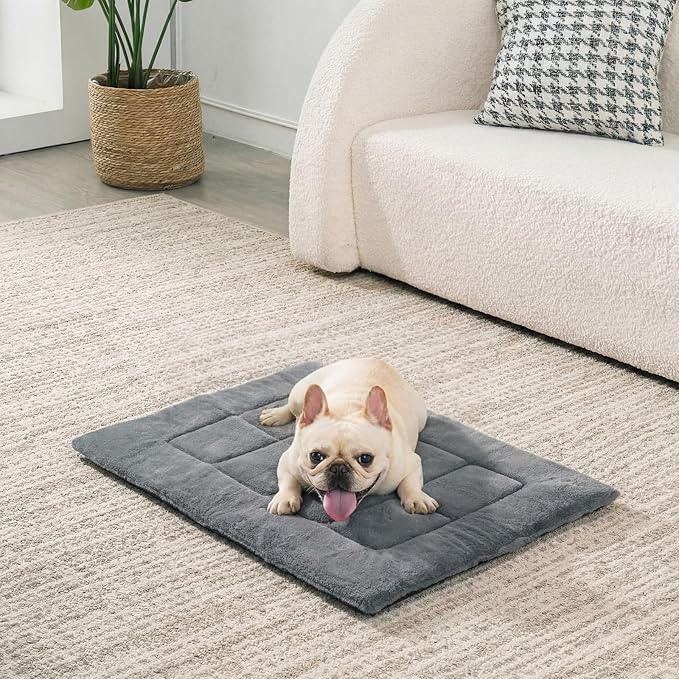Dunzy 2 Pack Dog Bed Mat 35x23 Memory Foam Pet Crate Pad Orthopedic Dog Bed for Large Medium Breed Soft Comfy Faux Fur Linen Reversible Machine Washable Kennel Cozy Sleeping Mat Light Gray Dark Gray