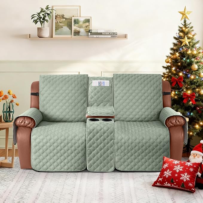 Ruaozz Waterproof Loveseat Recliner Cover with Console Non-Slip Reclining Couch Covers Split Sofa Slipcovers with Elastic Straps for Kids, Dogs, Pets (Sage Green, 2 Seater)