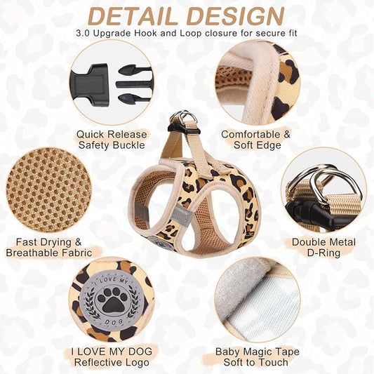 BEAUTYZOO Step in Dog Harness and Leash Set,Reflective Dog Harness No Pull No Choke Puppy Harness for Small Medium Large Dogs Cats,Soft Padded Mesh Vest Harnesses for Girl Boy Pets,Leopard Khaki XS