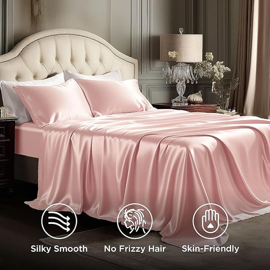 Bedsure Pink Satin Sheets Queen Size - 4 Piece Silky Bedsheets with 15 Inches Deep Pocket Fitted Bedsheet,1 Flat Sheet, 2 Satin Pillowcases, Good for Hair & Skin (Queen, Peach Pink)