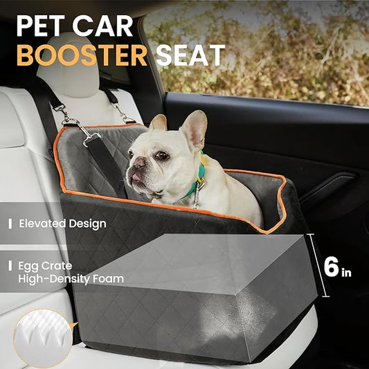HiPetpy Dog Car Seat for Small Dog, Booster Seat for Dogs Under 30lb, Elevated Pet Seat with Pockets, Anti-Slip Bed for Car, Perfect for Front & Back Seats with Safety Leash (Black/Grey, Medium)